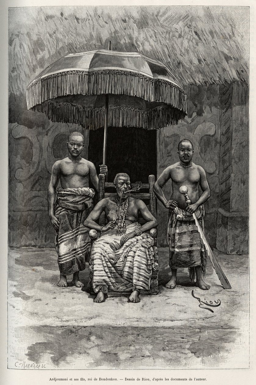 Ardjoumani (falecido em 1892) e seus filhos, rei de Bondoukou (Costa do Marfim). Gravura de Riou, para ilustrar a história "From Niger to the Gulf of Guinee" do capitão Louis Gustave Binger (1856-1936), em 1887-1889, em Le tour du monde, nouveau journal de de Edouard Riou