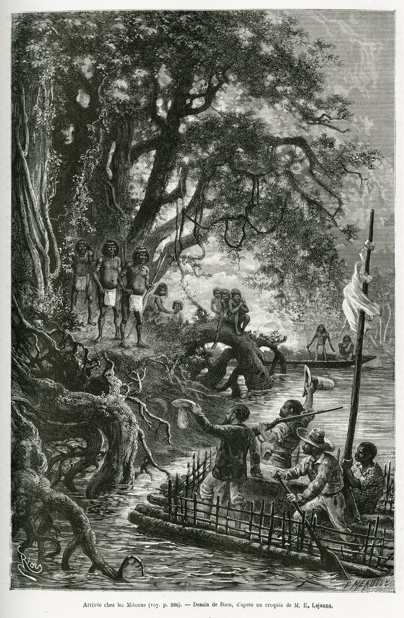 Chegada da jangada do Dr. Crevaux e E. Lejeanne, nas margens da aldeia de Mitouas. Gravura de Riou, para ilustrar a viagem de exploração por Nova Granada e Venezuela, do Dr. Crevaux, médico de primeira classe da marinha e E. Leje de Edouard Riou