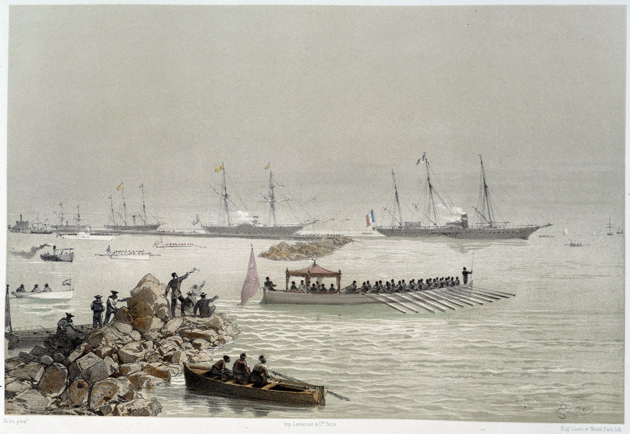 Chegada dos soberanos ao Suez em "Inauguração do Canal do Suez por G. Nicole". 1869 de Edouard Riou