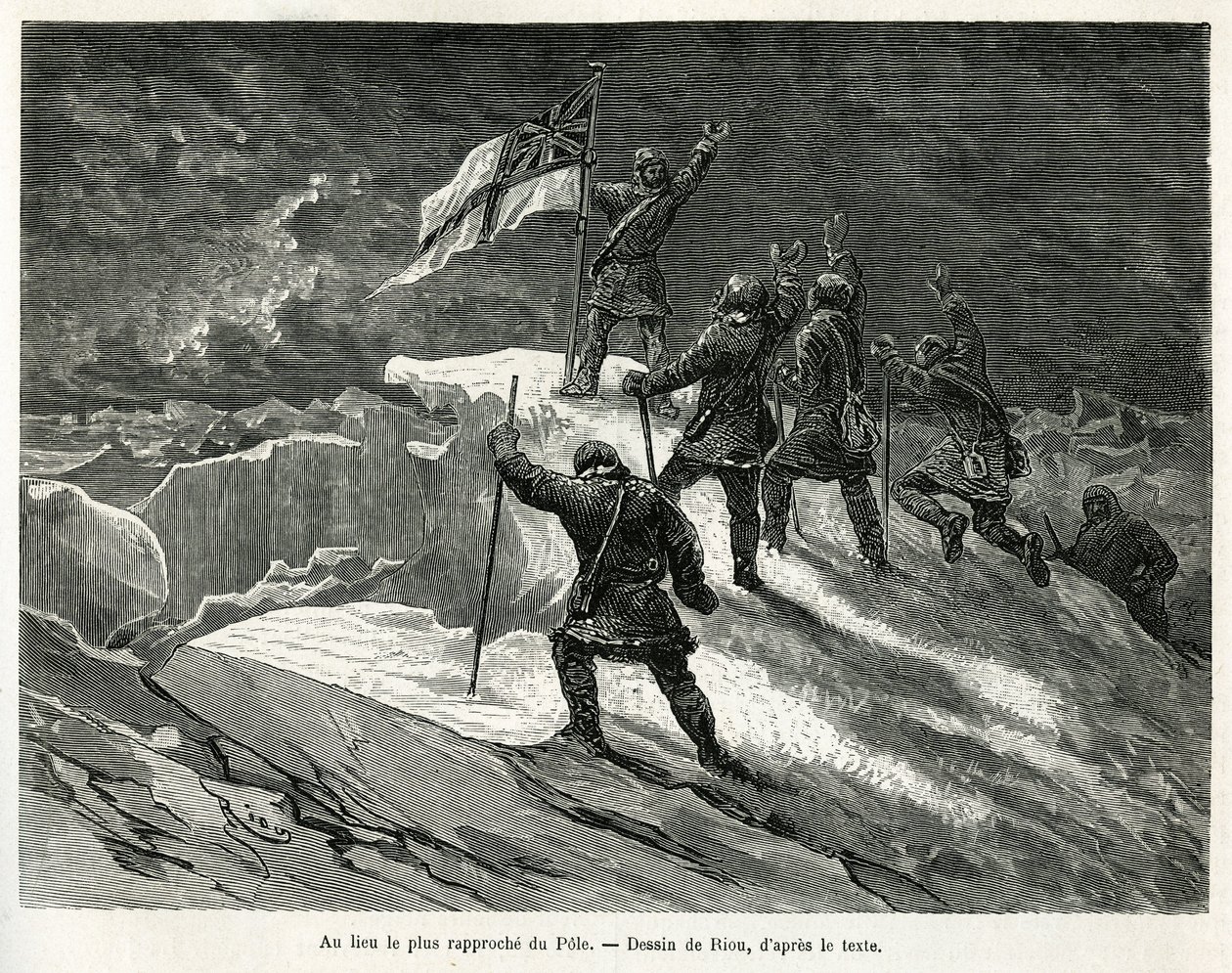 O Capitão George Strong Nares (1831-1915) plantou a bandeira britânica no local mais próximo do poste, desenhada por Riou, para ilustrar a história de uma viagem ao mar polar em 1875-1876, pelo Capitão G.S.Nares. Gravura em Le tour du monde de Edouard Riou