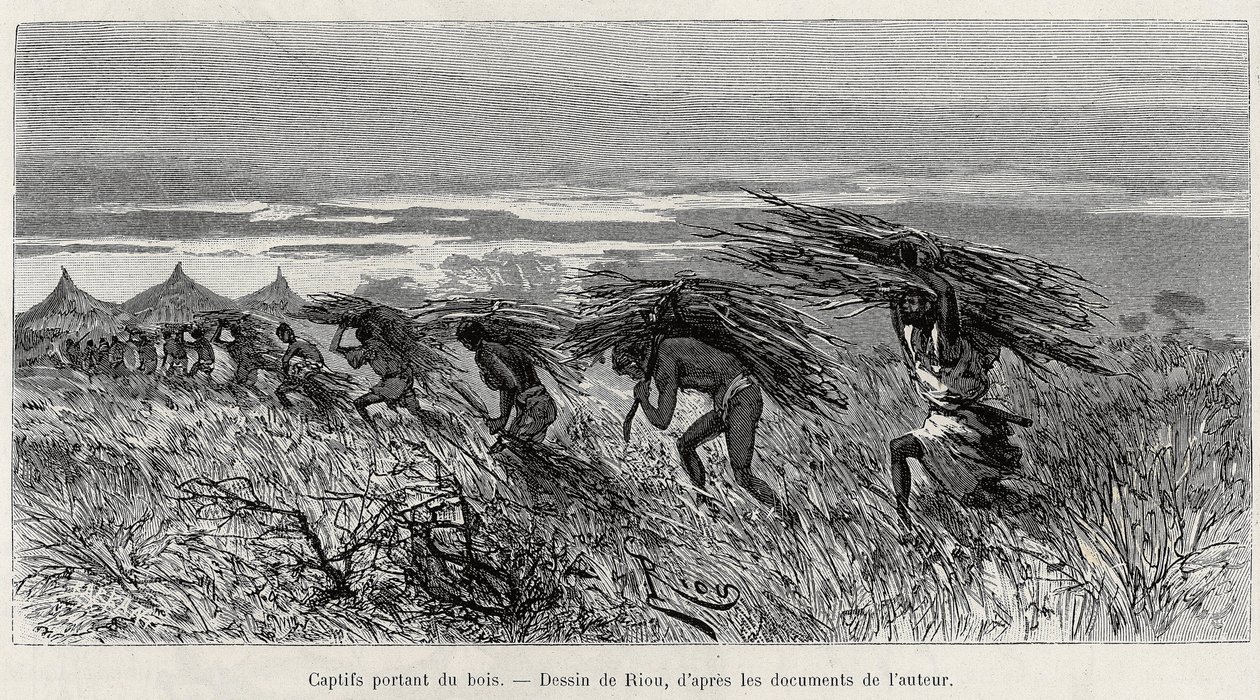 Cativos carregando madeira no mato. Gravado por Riou, para ilustrar a história "From Niger to the Gulf of Guinee", do capitão Louis Gustave Binger (1856-1936), em 1887-1889, em Le tour du monde, nouveau journal des voyages, sob a direcção de Edouar de Edouard Riou