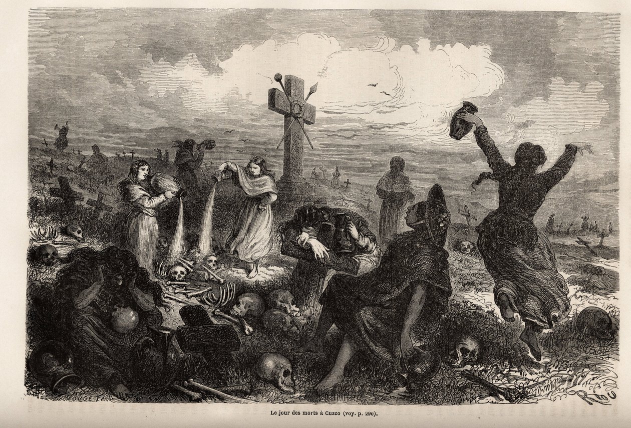 Celebração da festa des morts em Cuzco, desenho de Riou, para ilustrar a viagem de Paul Marcoy pela América do Sul de 1848 a 1860. Gravura em "Le tour du monde", editado por Edouard Charton de Edouard Riou