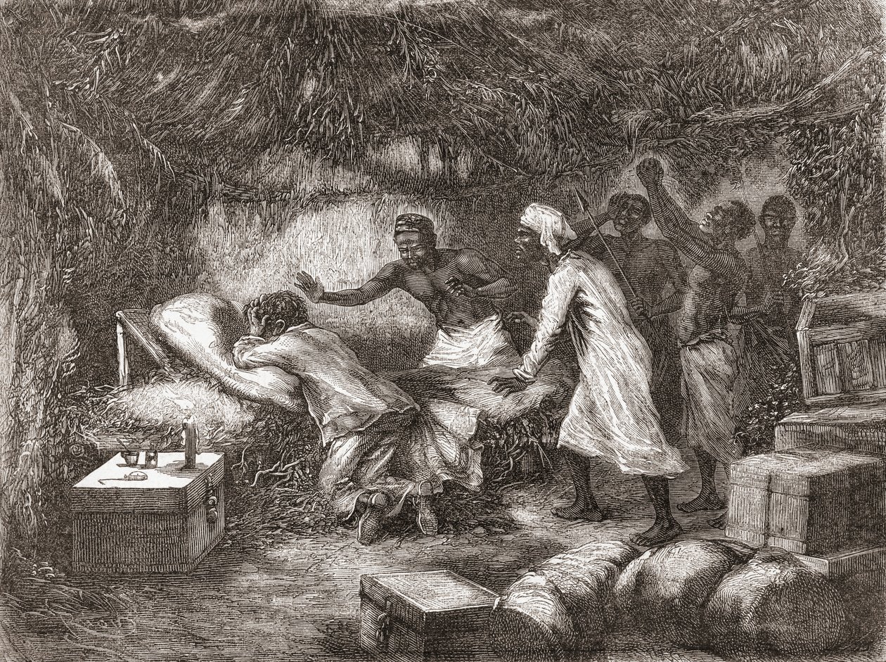 Morte do Dr. Livingstone na vila de Tchitammbo, África, em 1873, ilustração de "The World in the Hands", publicada em 1878 de Edouard Riou