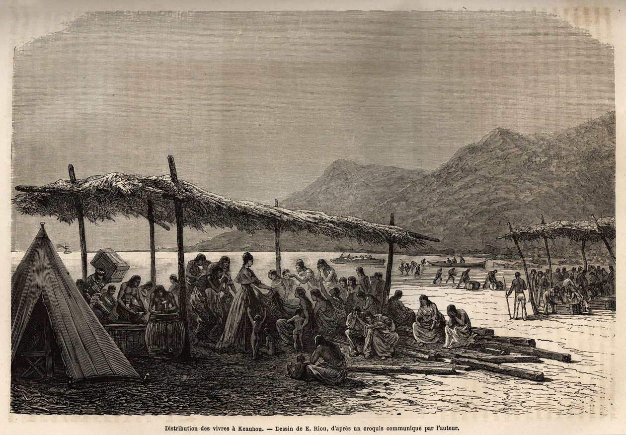 Distribuição de alimentos em Keauhou, após o terremoto e a erupção vulcânica de 1868, para as vítimas da catástrofe, gravada após o desenho de E.Riou, ilustrando a viagem às Ilhas Sandwich, em 1855-1869, de C. de Varigny, publicada em "Le de Edouard Riou