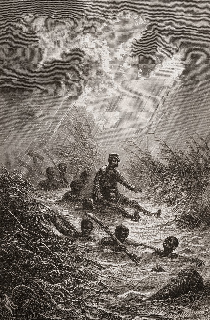 Dr. David Livingstone sendo levado por um pântano por carregadores durante sua expedição à África em 1872, ilustração de "O mundo nas mãos", gravada por Charles Laplante de Edouard Riou