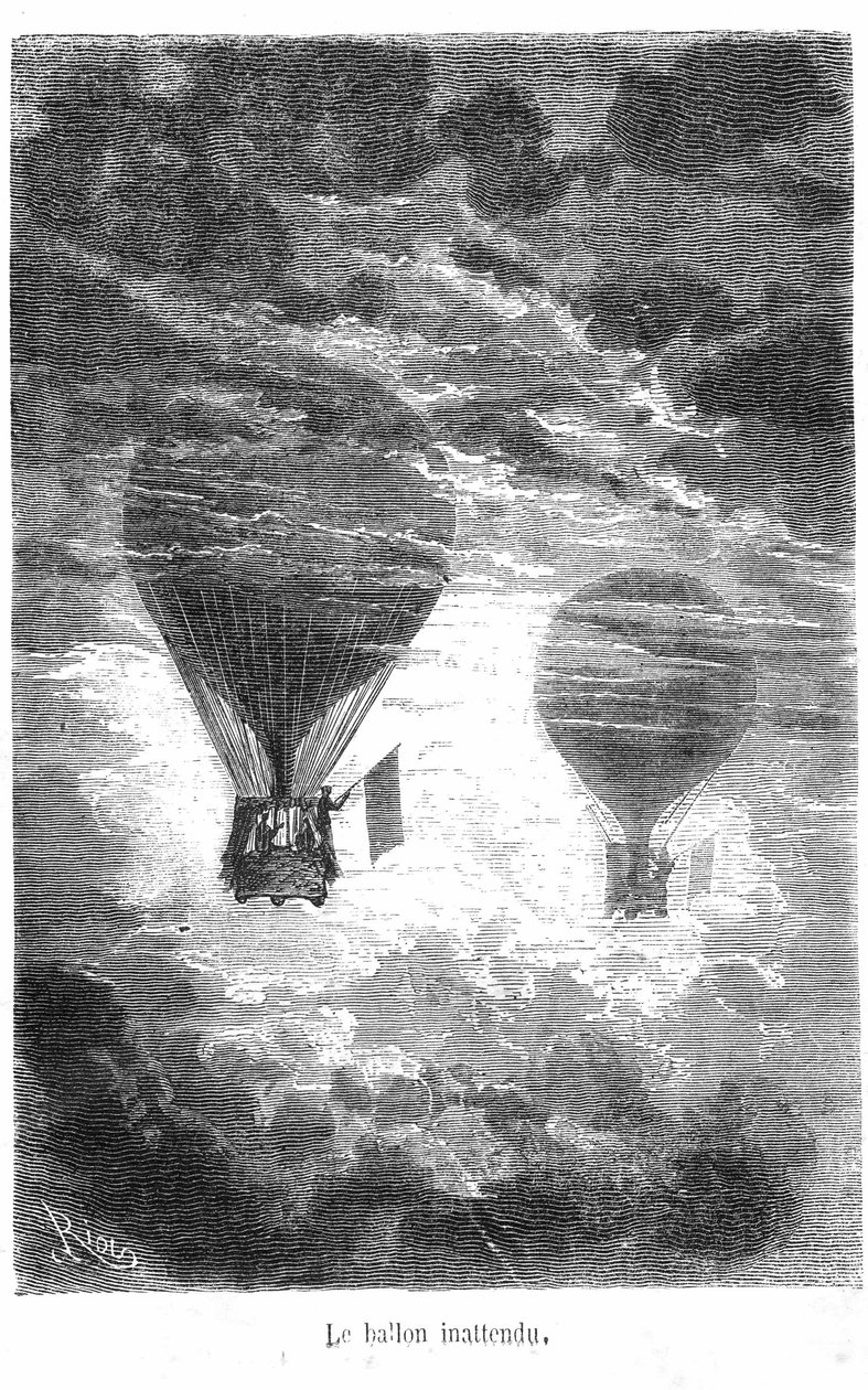 Desenho do livro de Jules Verne "Five weeks en Ballon" coleção Hetzel/Extraordinary Travels. O Balão Victoria encontra outro balão nas nuvens de Edouard Riou