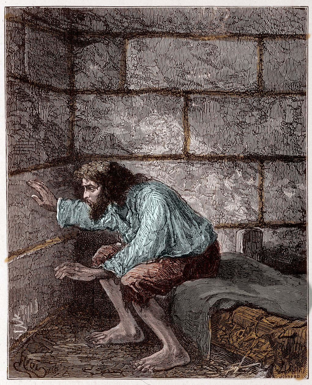 Edmond Dantes, conhecido como o Conde de Monte Cristo na sua prisão - Gravura de Riou, em "O Conde de Monte-Cristo" de Alexandre Dumas de Edouard Riou