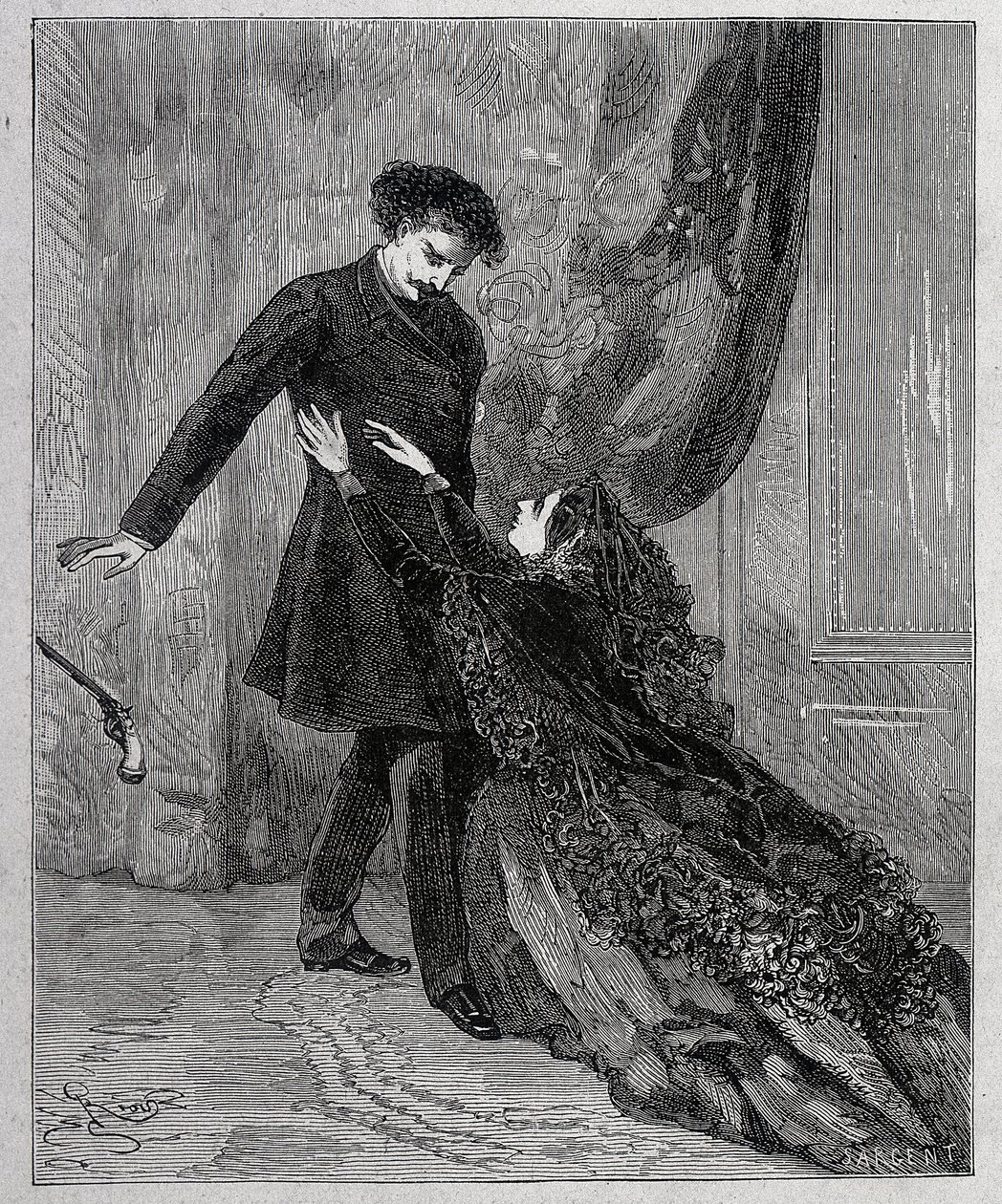 Edmond Dantes et Mercedes - Gravura de Riou, em "O Conde de Monte Cristo" (Monte-Cristo) de Alexandre Dumas pere (1802-1870), ed. Jules Rouff & Cie de Edouard Riou
