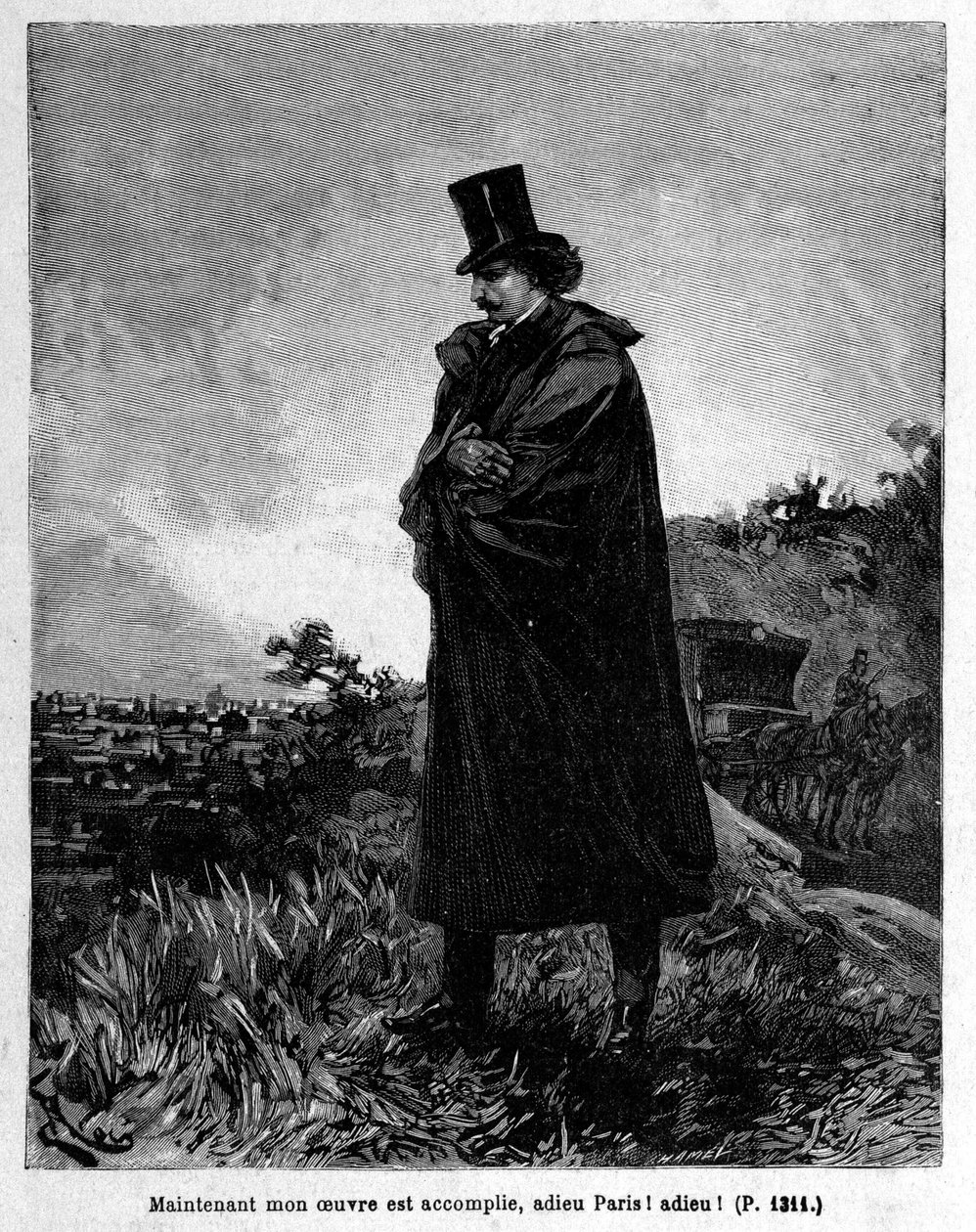 Edmond Dantes, o Conde de Monte-Cristo deixando Paris - Gravação de Riou, em "La Comte de Monte-Cristo" de Alexandre Dumas, Rouff & Cie de Edouard Riou
