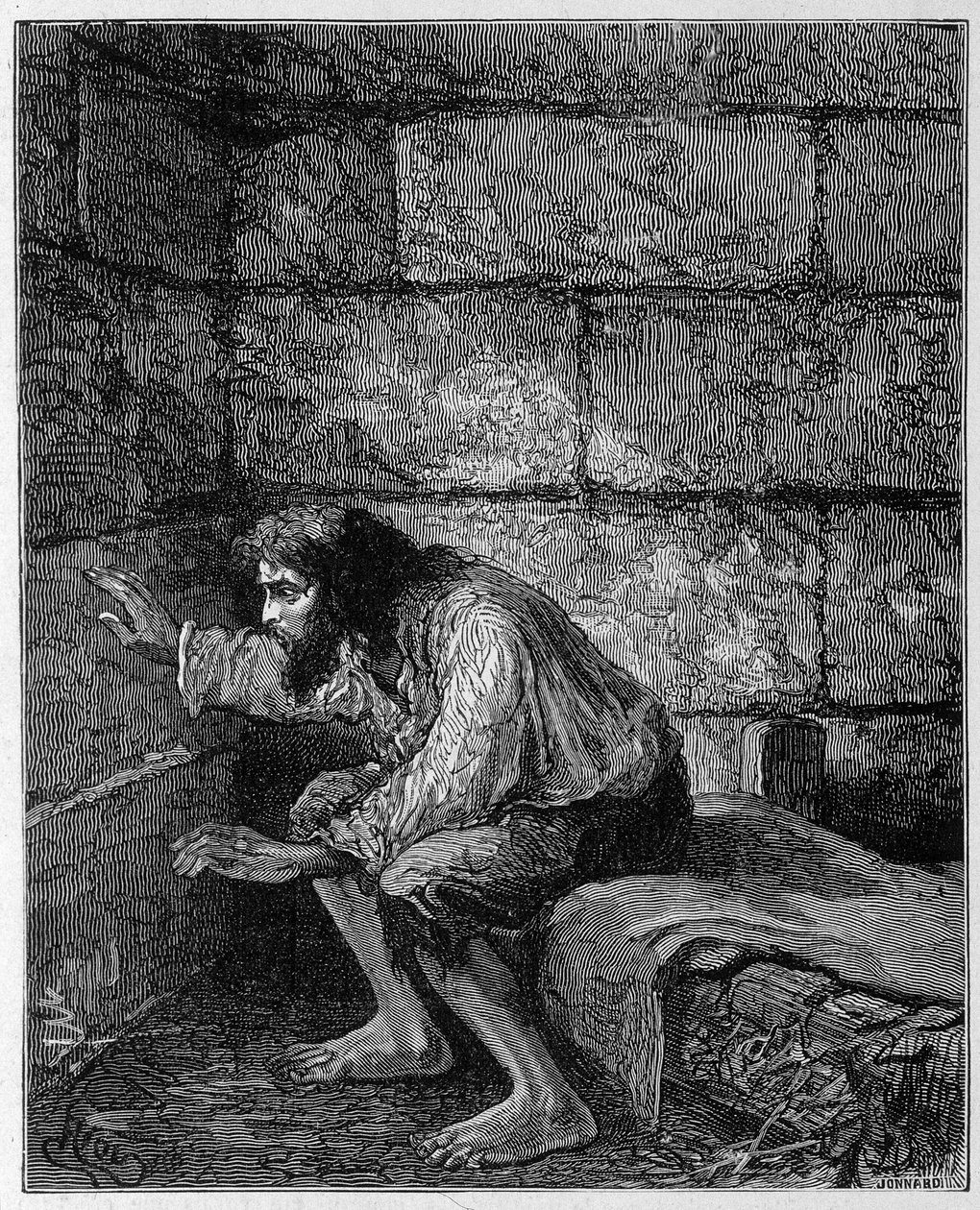 Edmond Dantes, o Conde de Monte Cristo na sua prisão - Gravura de Riou, em "La Comte de Monte-Cristo" de Alexandre Dumas, Rouff & Cie de Edouard Riou