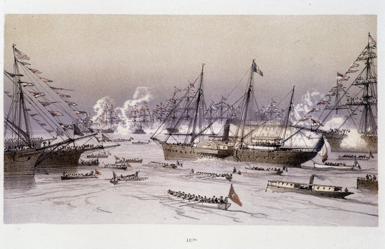 Entrada da Águia no Porto Dito para a inauguração do Canal do Suez - in "Through the Isthmus of Suez" de Riou, Marius Fontaine de Edouard Riou