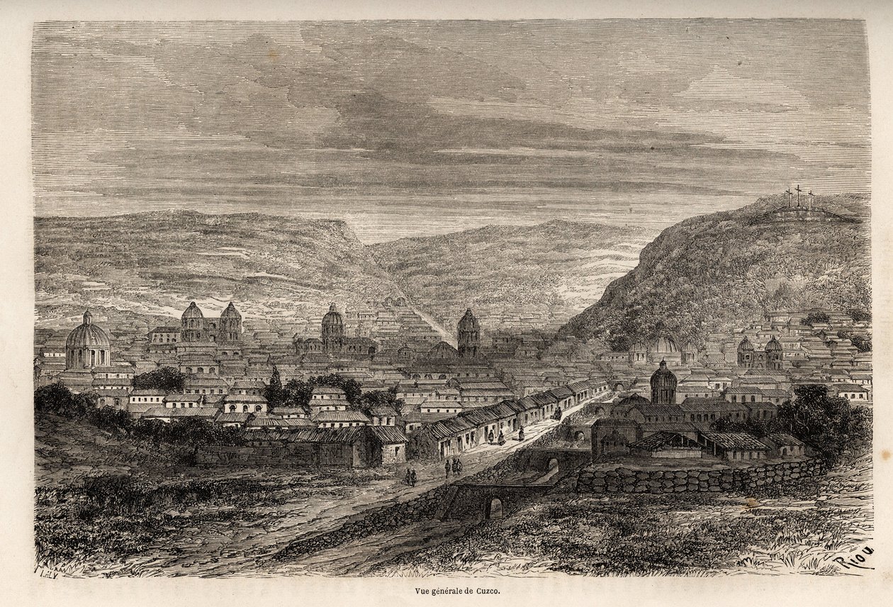 Vista geral de Cusco ou Cusco, antiga capital dos Incas, desenho de Riou, para ilustrar a viagem de Paul Marcoy pela América do Sul de 1848 a 1860. Gravura em "Le tour du monde", editado por Edouard Charton de Edouard Riou