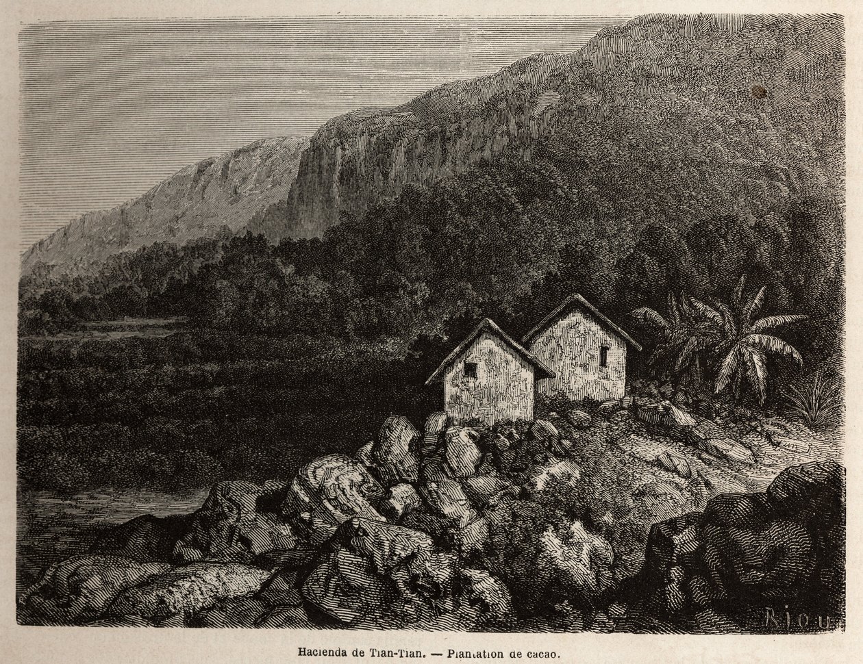 Hacienda de Tian Tian, Peru e plantação de cacau, desenho de Riou, para ilustrar a viagem de Paul Marcoy pela América do Sul de 1848 a 1860. Gravura em "Le tour du monde", editado por Edouard Charton de Edouard Riou