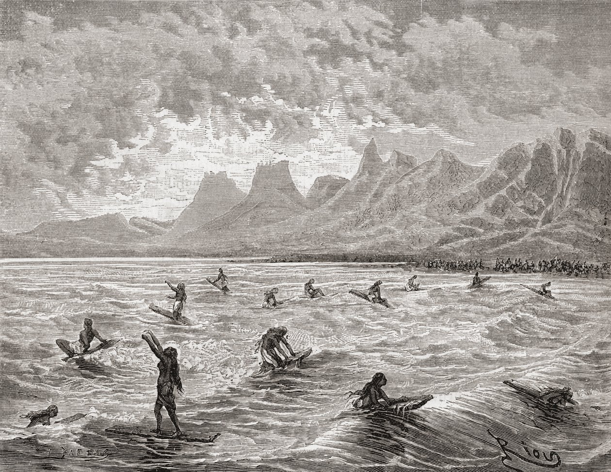 Havaianos surfando, ilustração de &39;O mundo nas mãos&39;, gravada por Charles Barbant (morto em 1922), publicada em 1878 (gravura) de Edouard Riou