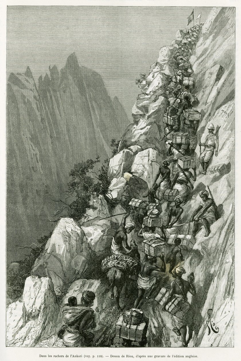 Nas rochas de Ankori. Gravado por Riou, para ilustrar a história Dans les tenebres de l
