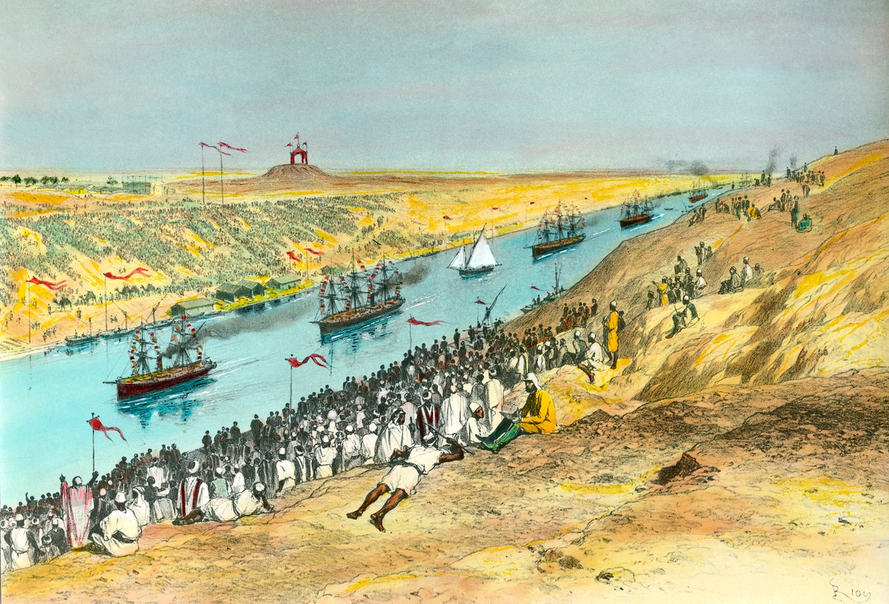 Inauguração do Canal de Suez O canal foi criado para ligar o Mar Vermelho ao Mar Mediterrâneo. Ilustração de Edouard Riou (1833-1900) 1869 Colecção privada de Edouard Riou