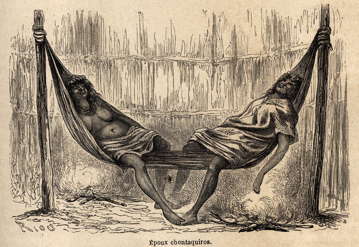 Maridos indianos Chontaquiros do Peru dormindo, em sua rede de noivas, desenhados por Riou para ilustrar a viagem, de 1848 a 1860, de P. Marcoy, do Oceano Pacífico para o Oceano Atlântico. Gravura em "Le tour du monde", editado por Edouard Charton de Edouard Riou