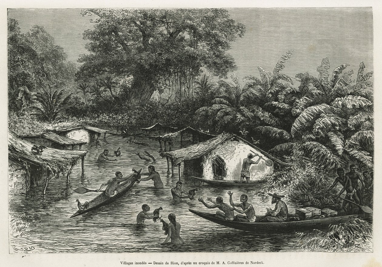 Aldeias Inondes, desenho de Riou, para ilustrar a história de uma viagem ao Gabão e ao rio Ogoue em 1875-1877, de Alfred Marche. Gravura em Le tour du monde de Edouard Riou