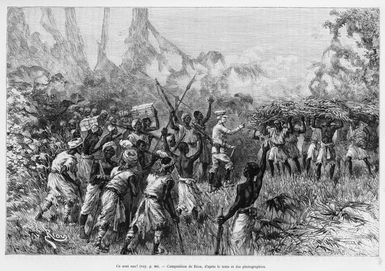 São eles! a expedição de Stanley encontra parte da sua equipa perdida na floresta equatorial. Gravado por Riou, para ilustrar a história Dans les tenebres de l