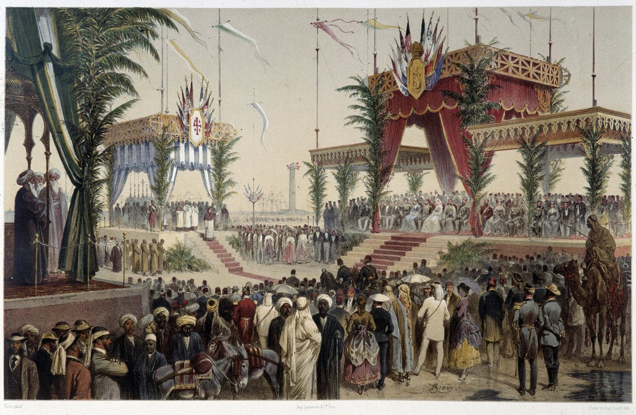 La Tribune des souverains em "Inauguração do Canal de Suez por G. Nicole". 1869 de Edouard Riou