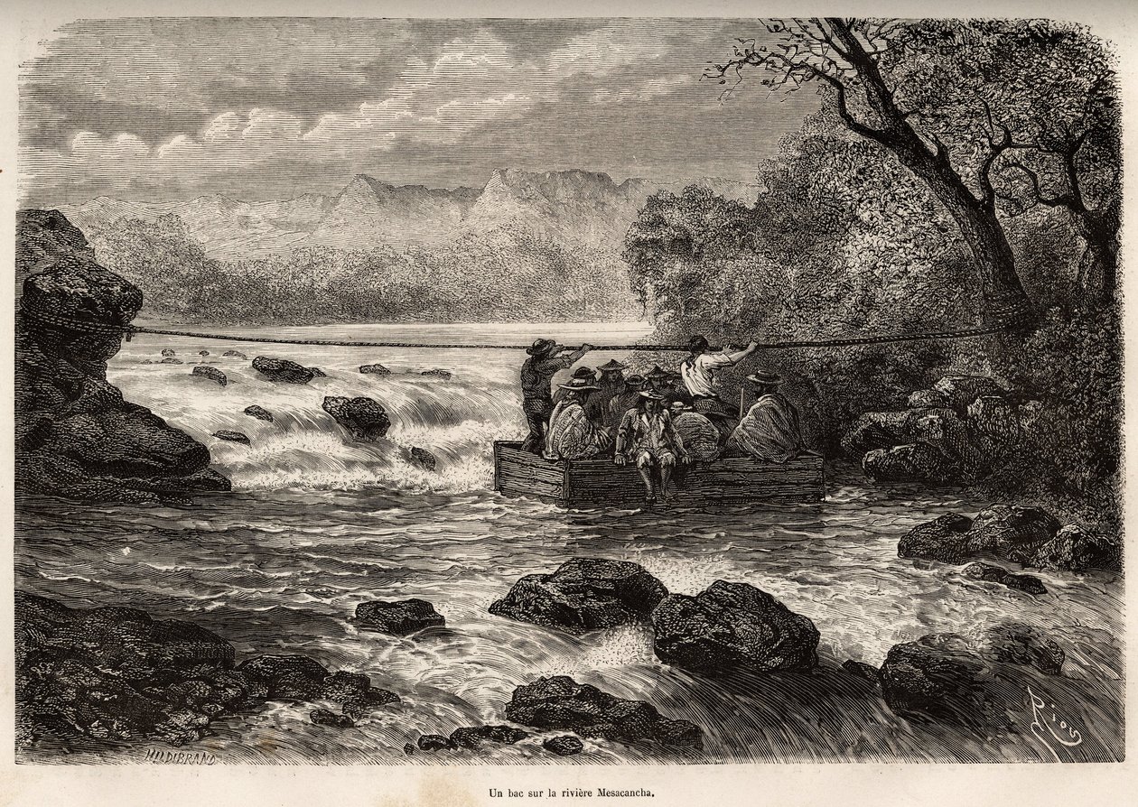 La traversee par le bac de la Riviere Mesacancha (Bas Peru), gravura de E.Riou ilustrando a viagem nas montanhas, o vale de Huarancalqui e as regiões do Pjonal, de 1862 a 1863, de Paul Marcoy, publicada em "Le tour du monde" 1875 de Edouard Riou