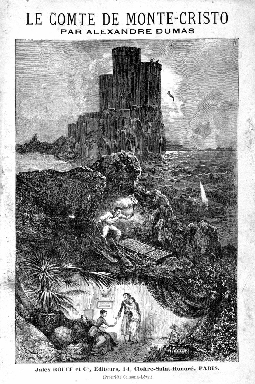 O castelo de Se, a descoberta do tesouro e o regresso a Paris - Gravura de Riou, em "O Conde de Monte Cristo" de Alexandre Dumas, Rouff & Cie de Edouard Riou