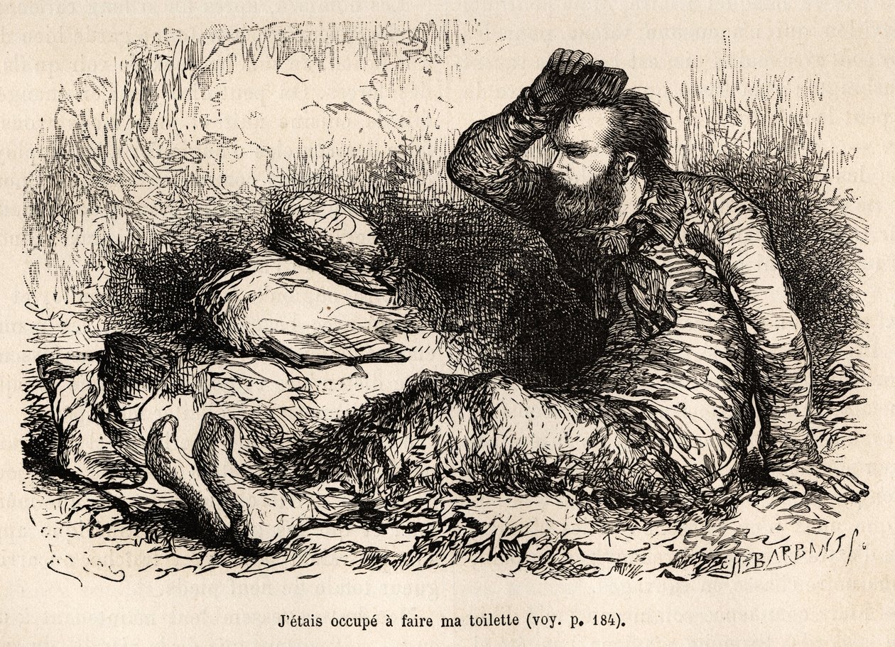 O Tenente Tyson ocupou seu banheiro matinal, um pente antes de calçar as botas, gravado após um desenho de E.Riou, ilustrando a história da Polaris, balsa de gelo, do Tenente Tyson, em 1870-1873, publicado em "Le tour du monde" 1875, editado por Edou de Edouard Riou