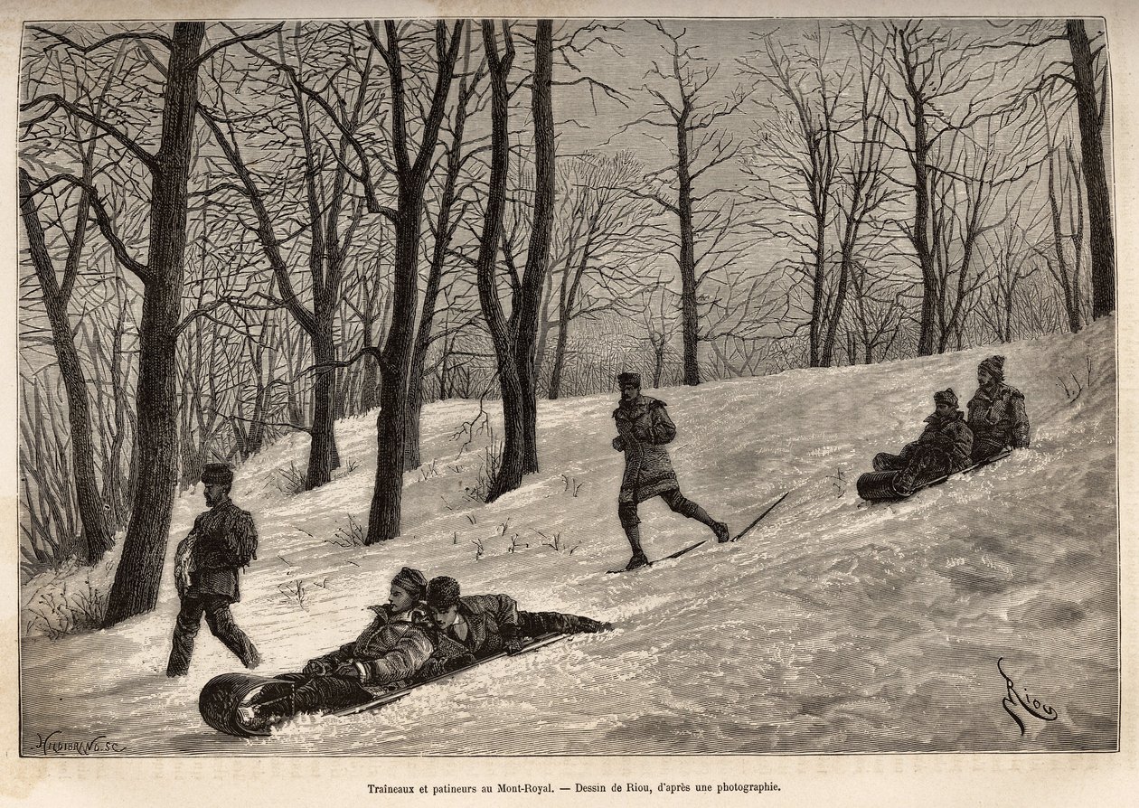 Luges et skaters au plateau du Mont-Royal, perto de Montreal, gravado após um desenho de Riou, ilustrando a excursão ao Canadá e a Riviere Rouge du nord, de H. De Lamotte, em 1873, publicado em "Le tour du monde" 1875, editado por Edouard Charton, de Edouard Riou