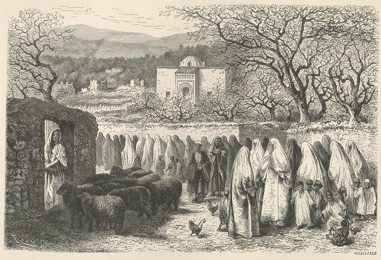 Marabuto e Procissão: Tlemcen, gravado por Henri Theophile Hildibrand (1824-97) de Edouard Riou
