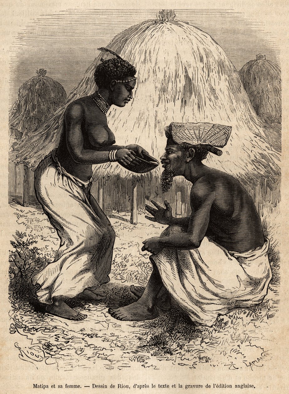 Matipa, um homem indígena que forneceu canoas para a equipe de Livingstone, foi servido bebendo por sua esposa, gravada após um desenho de Riou, ilustrando o último diário de David Livingstone (1813-1873), em 1866-1873, publicado em "Le tour du monde" 1875 de Edouard Riou