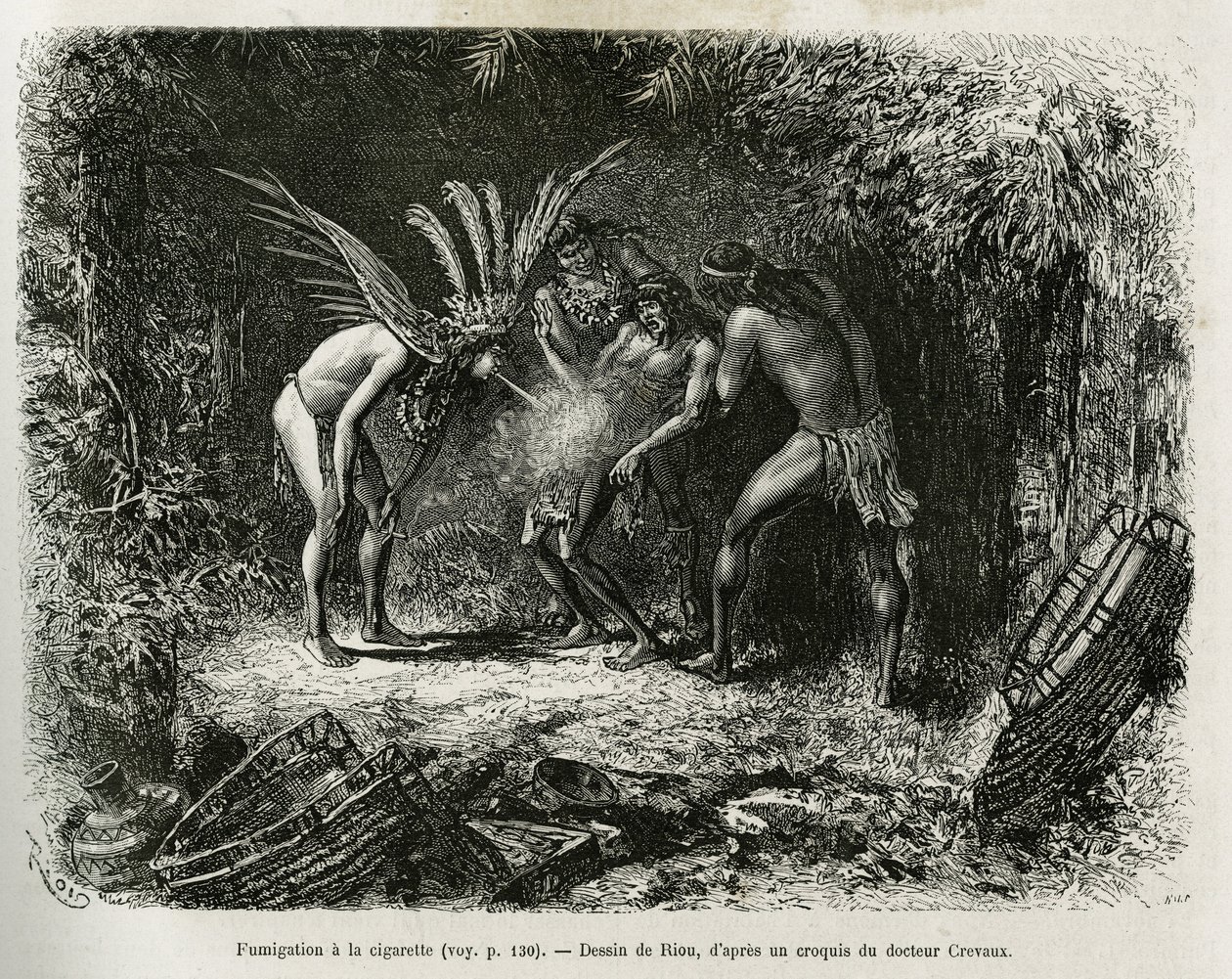 Fumigação médica com cigarros nos índios Roucouyan. Gravura de Riou, para ilustrar a história de Cayenne aux Andes, de Jules Crevaux, médico da marinha francesa, em 1878-1879, publicada no Tour du monde, sob a direção de Edouard Charton. de Edouard Riou