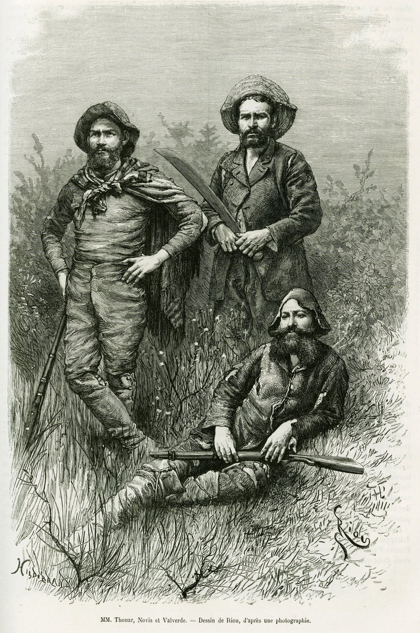 Membros da expedição: Sr. Thouar (alongamento), Sr. Novis (em pé à esquerda) e Sr. Valverde (em pé à direita). Gravado por Riou, para ilustrar a história Voyage dans le Chaco Boreal de Edouard Riou