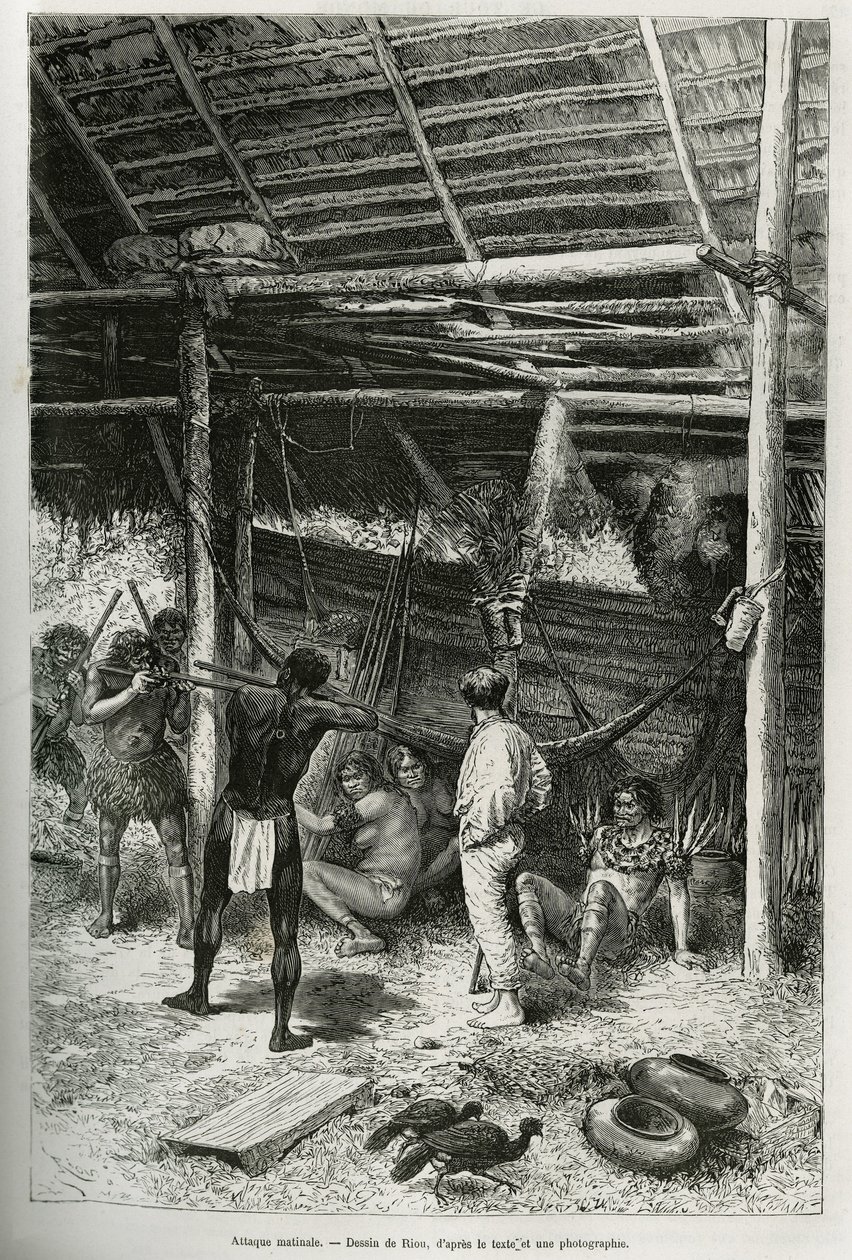 Ataque matinal na cabana do explorador por índios das margens da Amazônia. Gravado por Riou, para ilustrar a história de Cayenne aux Andes, por Jules Crevaux, médico da marinha francesa, em 1878-1879, publicado no Tour du monde, sob a direção de de Edouard Riou