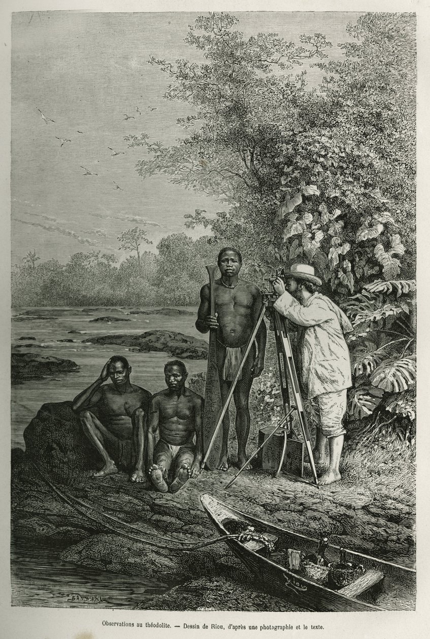 Observação no teodolito, Dr. Crevaux com seus instrumentos de medição e sua equipe de guias e carregadores, em sessão de trabalho completa, gravando depois de um desenho de Riou, para ilustrar a história De Cayenne aux Andes, de Jules Crevaux, médico da ma de Edouard Riou