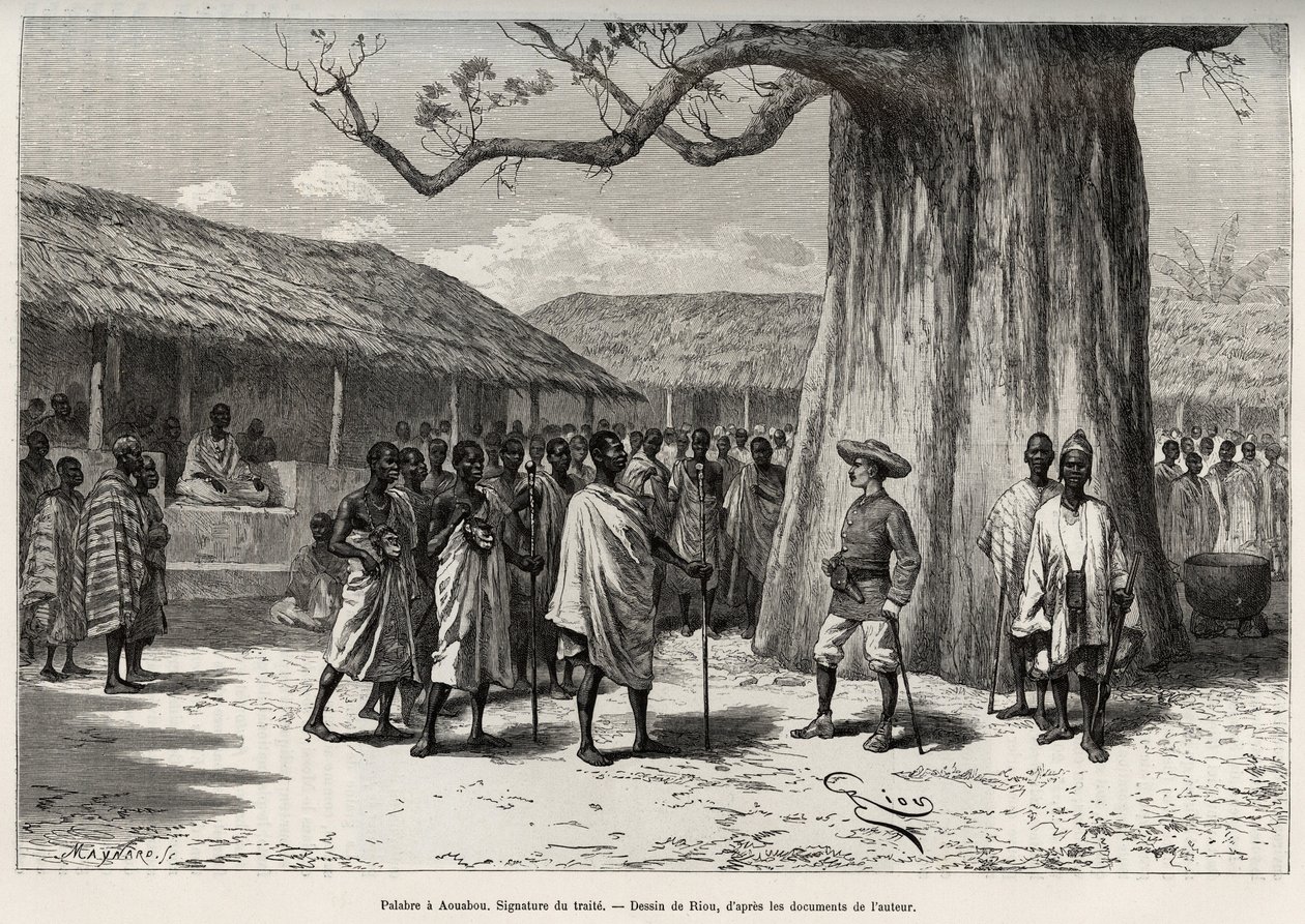 Palabre a Aouabou (Costa do Marfim). Assinatura do acordo comercial na corte de Anno, com um retrato do autor. Gravura de Riou, para ilustrar a história "From Niger to the Gulf of Guinee" do Capitão Louis Gustave Binger (1856-1936), em 1887-1 de Edouard Riou