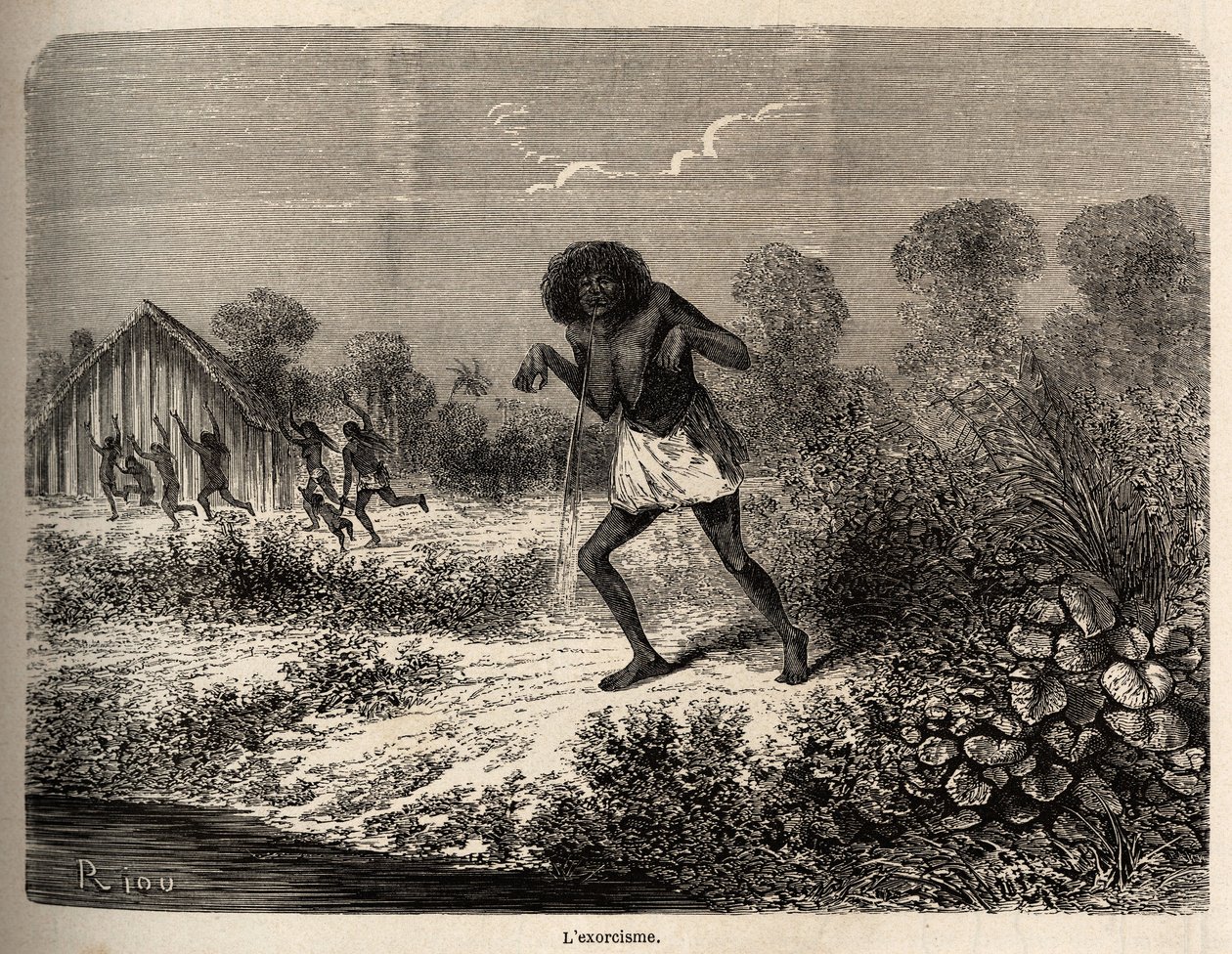 O pânico entre os índios Conibos, que fugiram à chegada da expedição de Paul Marcoy, perto de Tumbaya (Peru), ele próprio vítima de um encantamento maligno de um velho índio, desenhado por Riou para ilustrar a viagem, de 1848 a 1860, de P. Marcoy, a partir de Edouard Riou