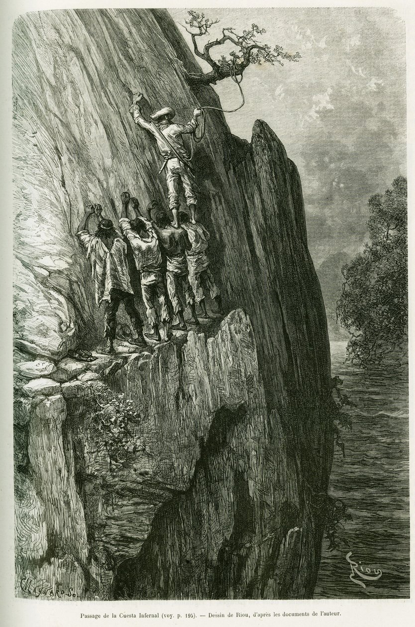 Passagem da Cuesta Infernal. Gravado por Riou, para ilustrar a história Voyage dans le delta du Pilcomayo et de Buenos Aires a Sucre de Edouard Riou
