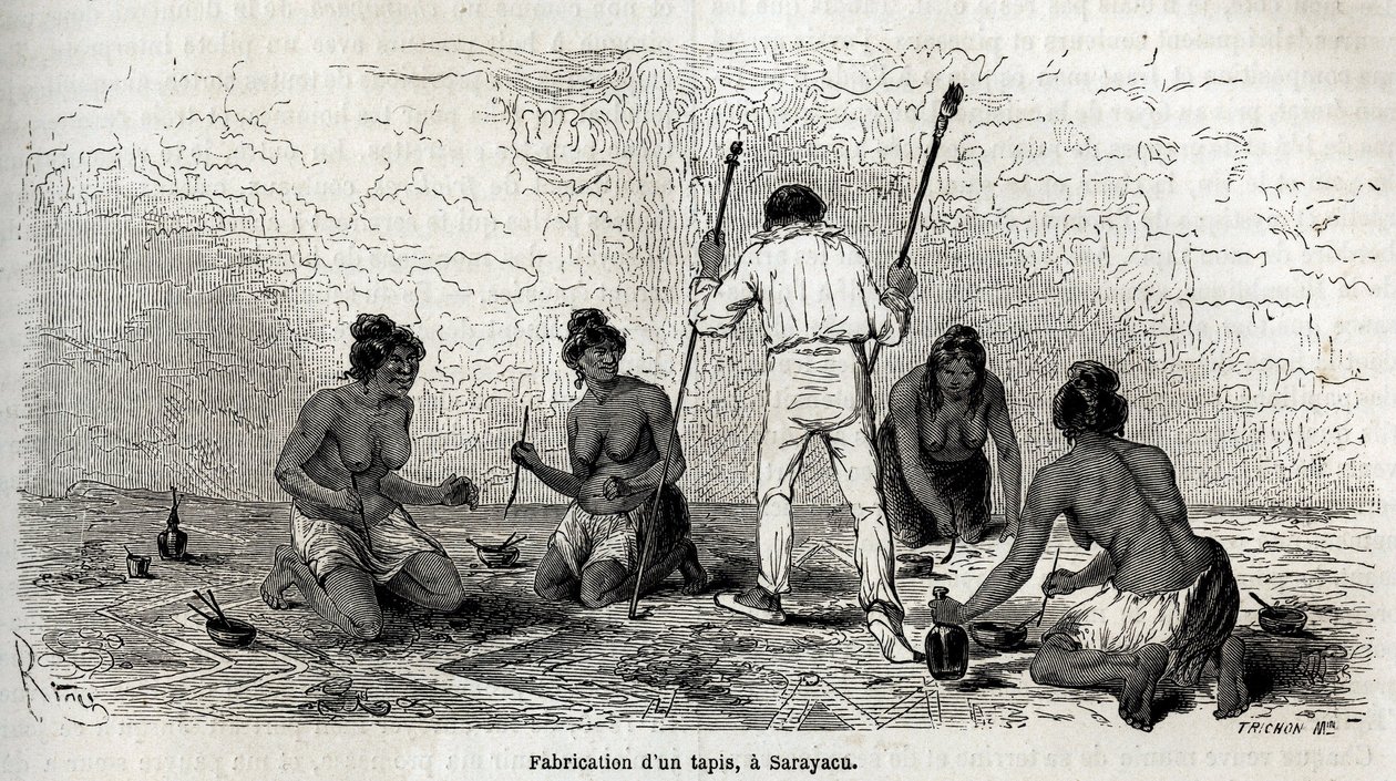 Paul Marcoy aprendeu a fazer um tapete com as viúvas de Sarayacu (Peru), desenho de Riou, para ilustrar a viagem de Paul Marcoy do Oceano Pacífico para o Oceano Atlântico de 1848 a 1860. Gravura em "Le tour du monde", editado por Edouard Charton de Edouard Riou