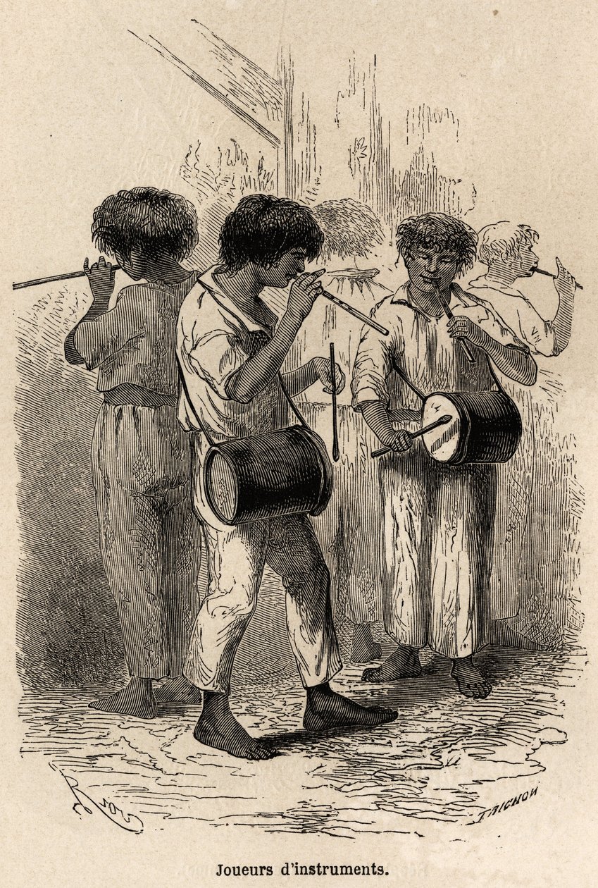 Tocadores de instrumentos musicais em Sarayacu (Peru), desenhados por Riou, para ilustrar a viagem de Paul Marcoy do Oceano Pacífico para o Oceano Atlântico de 1848 a 1860. Gravura em "Le tour du monde", editado por Edouard Charton de Edouard Riou