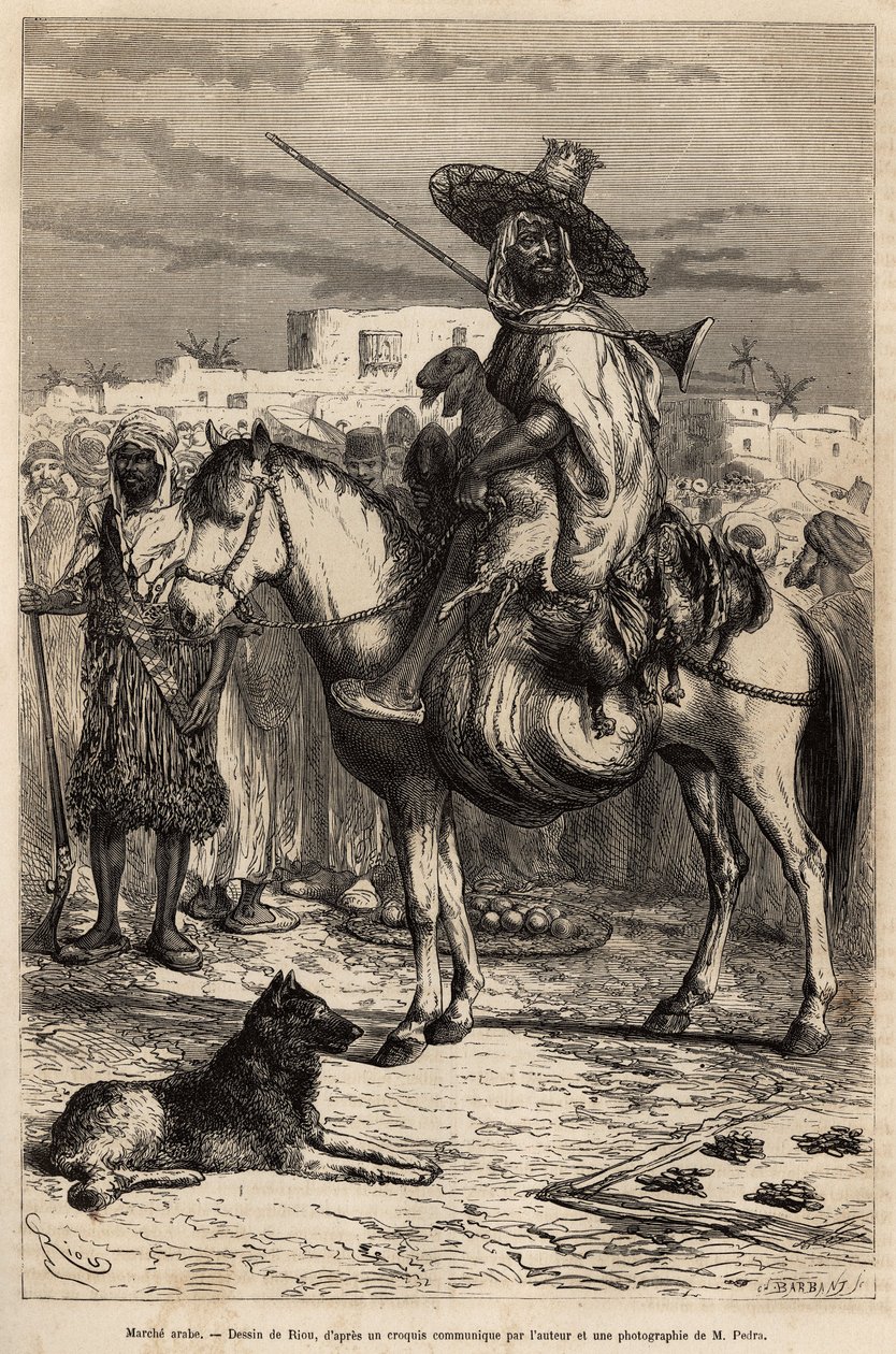 Retrato de um comerciante árabe, trazendo suas mercadorias (cordeiros, aves...) em seu cavalo, no mercado; os produtos são apresentados em cestas ou em tapetes no chão, gravados após um desenho de E. Riou, ilustrando a viagem a Tlemcen (Argélia), de E. de  de Edouard Riou