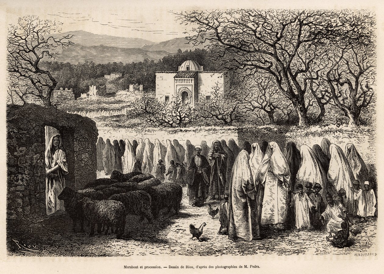 Procissão ao Marabout de Tlemcen (túmulo com cúpula de um homem venerado do Islão), gravada após um desenho de E. Riou, ilustrando a viagem a Tlemcen (Argélia), de E. de Lorral, em 1875, publicado em "Le tour du monde" 1875, editado por Edouard Char de Edouard Riou