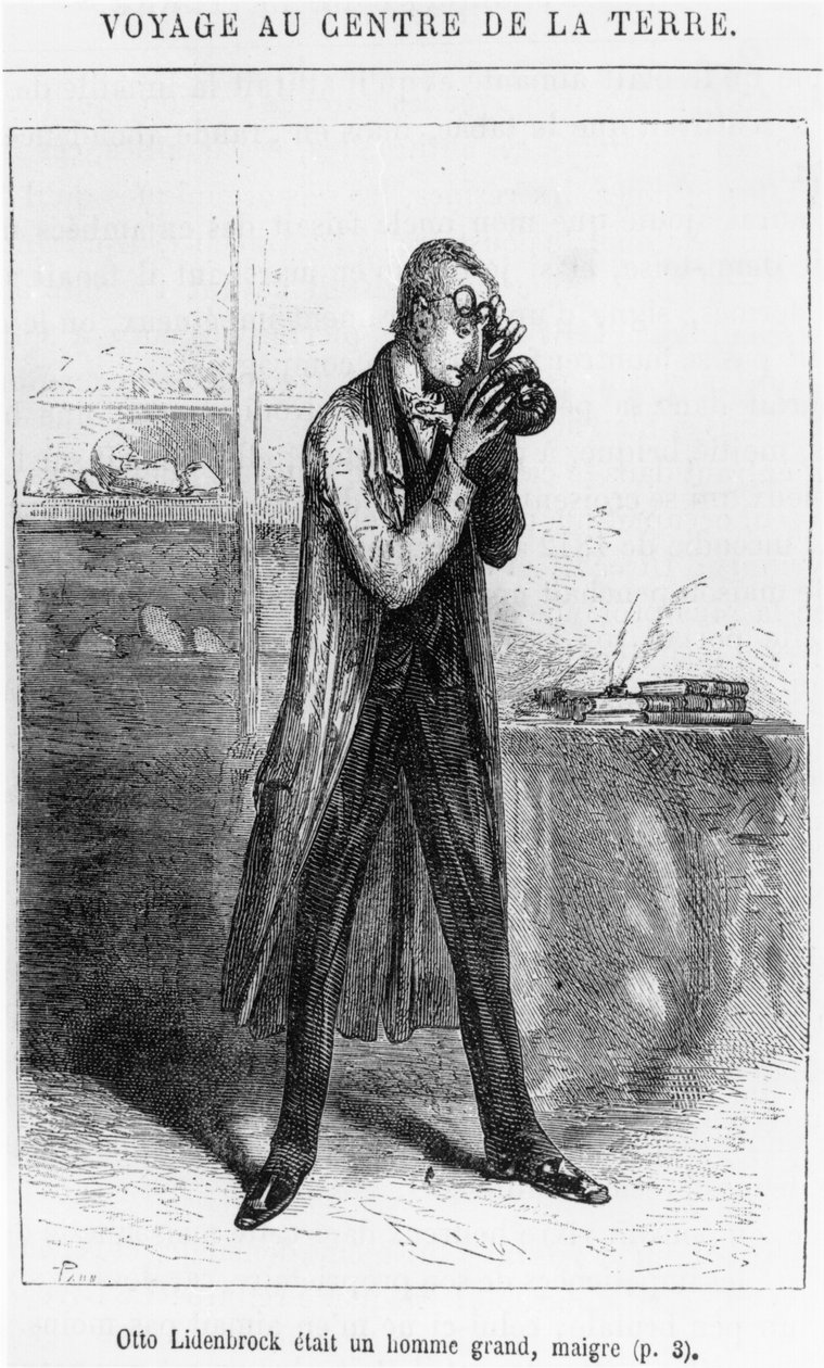 Professor Otto Lidenbrock, ilustração de &39;Viagem ao Centro da Terra&39; por Jules Verne (1828-1905) Paris, Hetzel de Edouard Riou