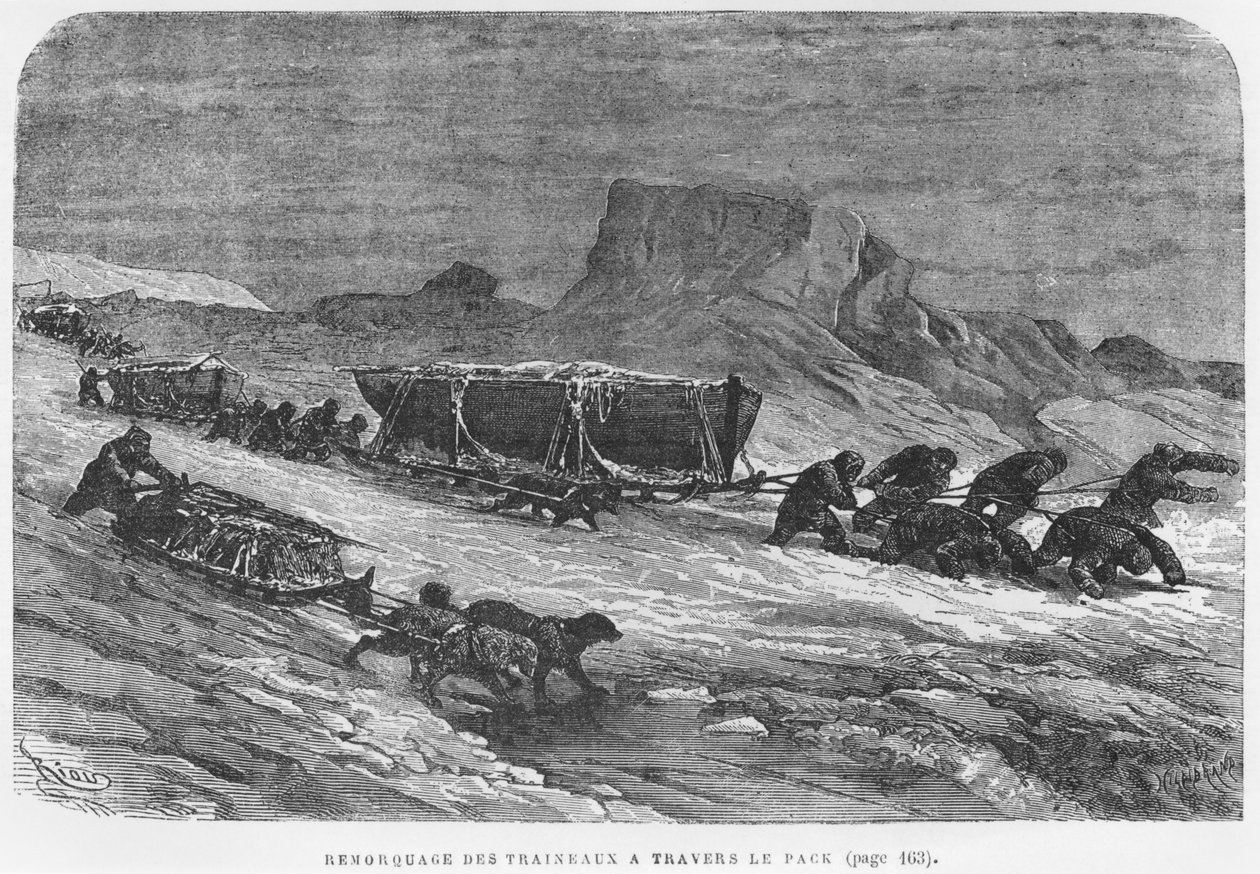 Puxando os trenós no gelo, ilustração de &39;Expedition du Tegetthoff&39; de Julius Prayer (1841-1915) gravada por Henri Theophile Hildibrand (1824-97) de Edouard Riou