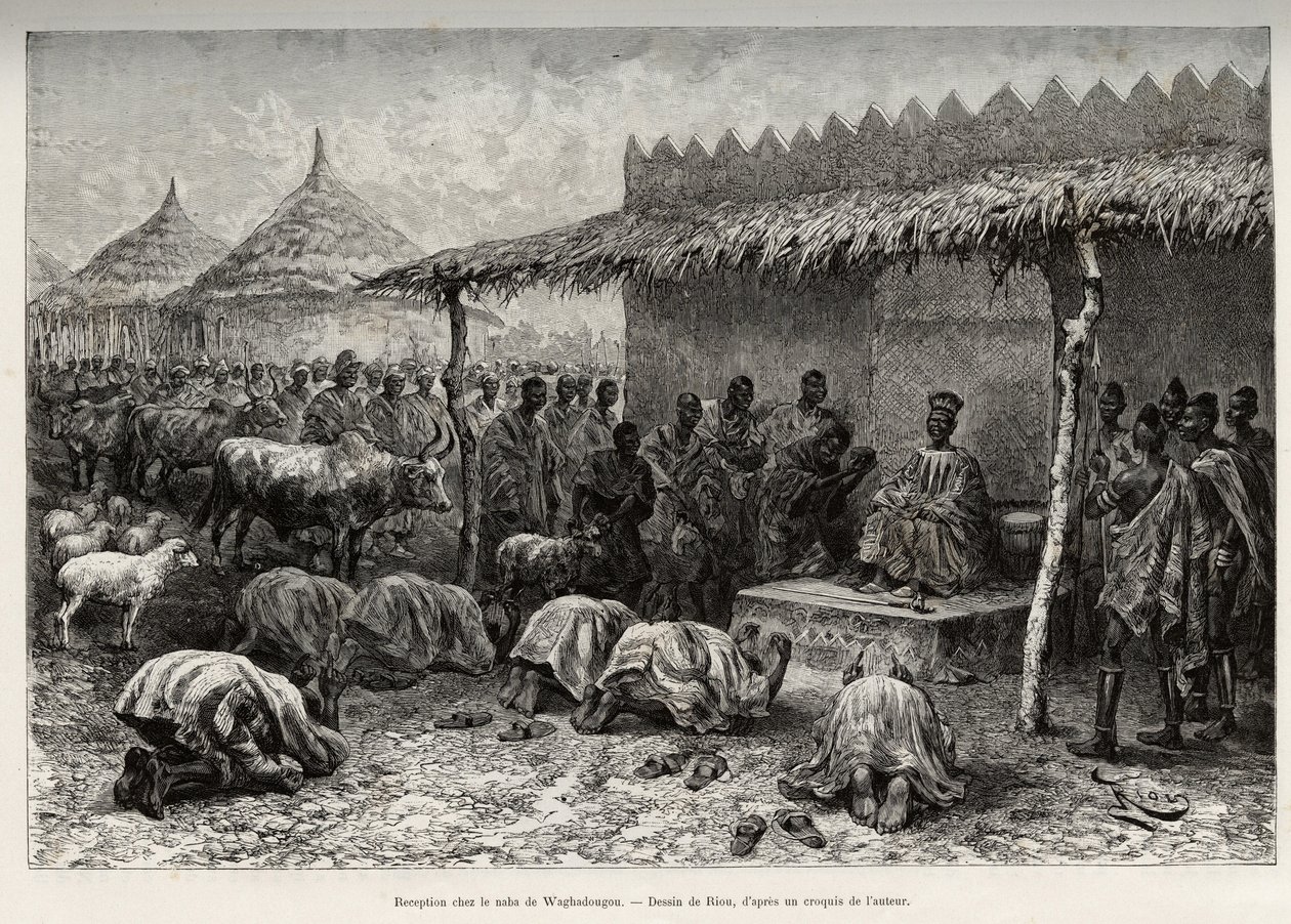 Recepção na naba Sanem, do reino muçulmano (ou Mosse) de Waghadougou (Ouagadougou, Burkina Faso). Gravura de Riou, para ilustrar a história "From Niger to the Gulf of Guinee" do Capitão Louis Gustave Binger (1856-1936), em 1887-1889, em Le tou de Edouard Riou