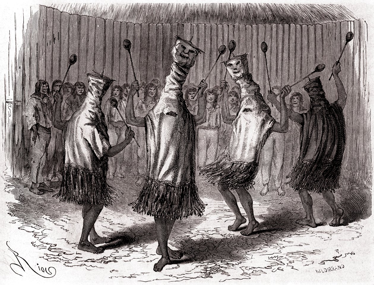 Dança ritual dos índios Ticuna do Peru com disfarces e máscaras de Edouard Riou