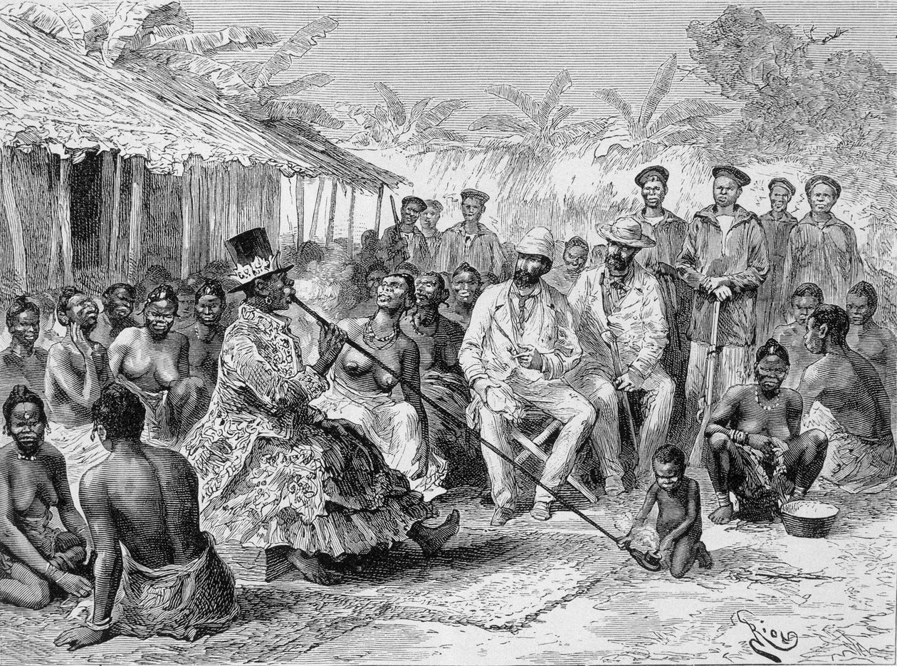 Savorgnan de Brazza palabre com Renoké, líder da aldeia da África Ocidental - em "Tour du Monde", 2ª semana de 1887 de Edouard Riou