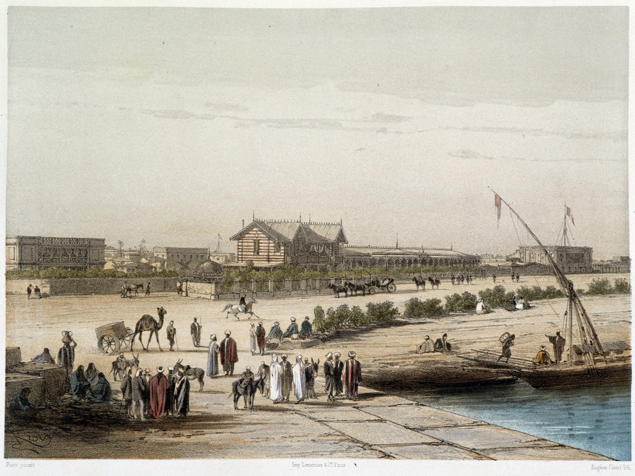 Cena e vista do canal em "Inauguração do Canal de Suez por G. Nicole". 1869 de Edouard Riou