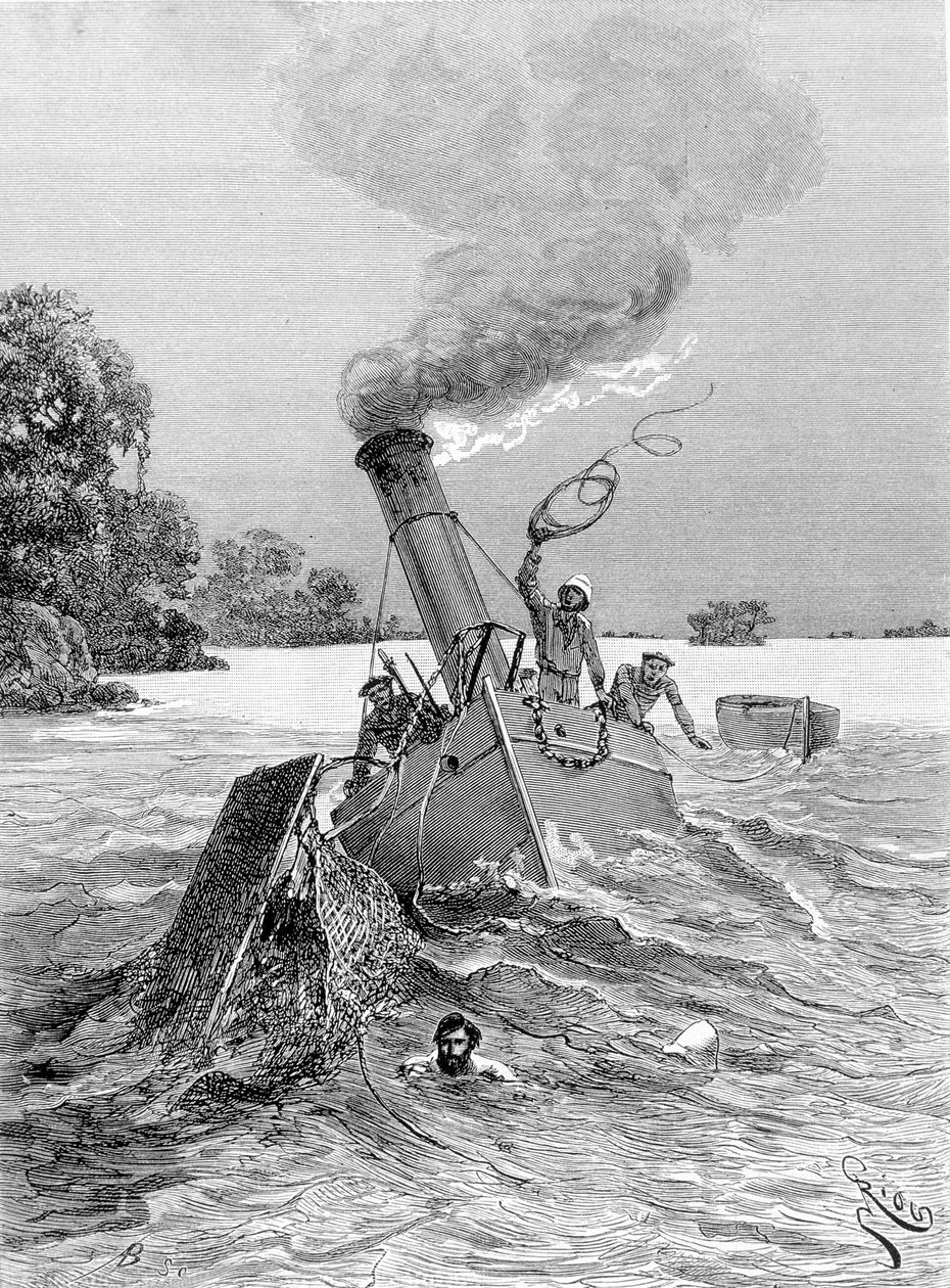Afundamento do barco a vapor. Em "Journey in the West African" por Brazza de Edouard Riou