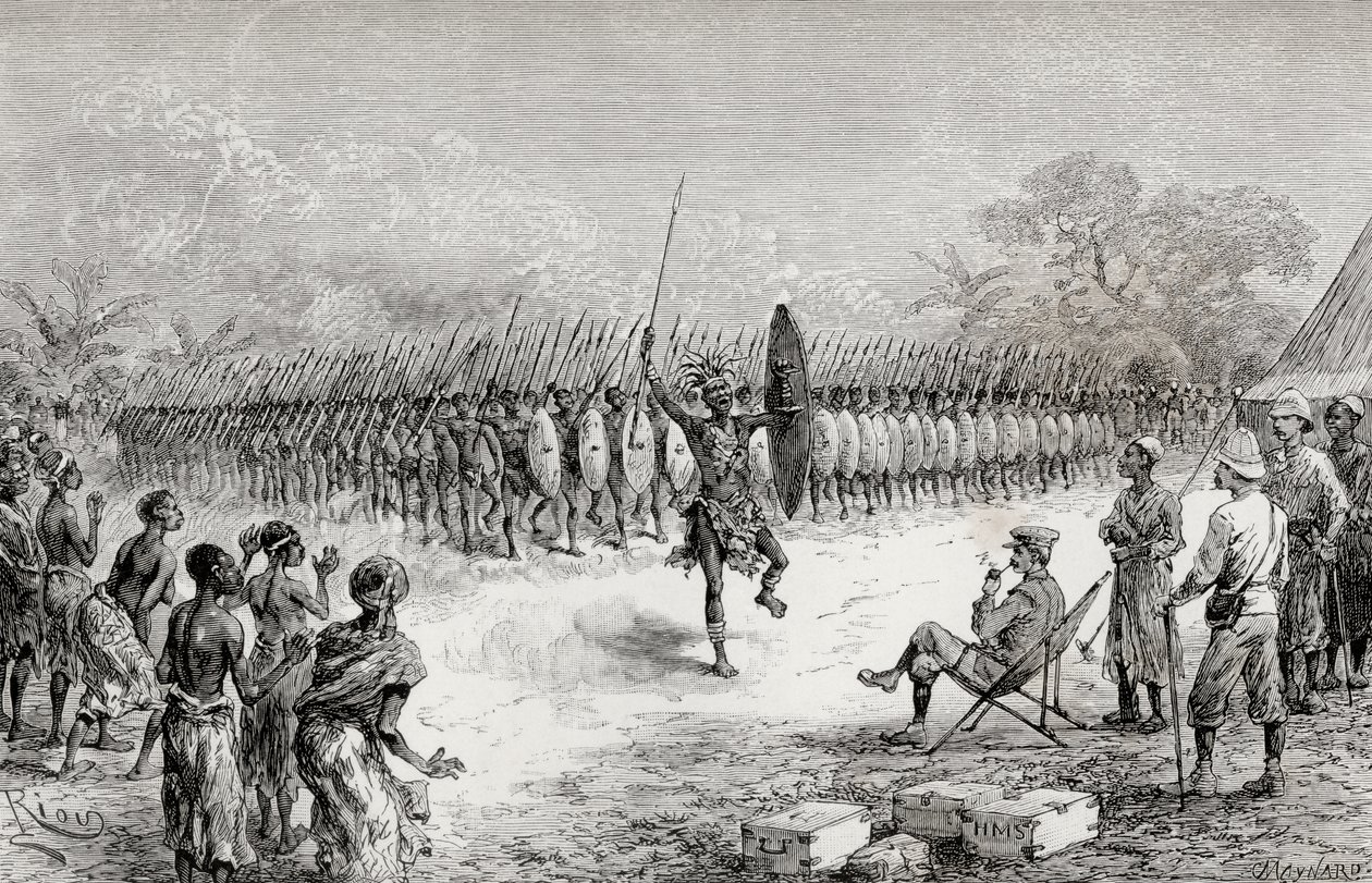 Sir Henry Morton Stanley assistindo a uma falange dançar pelos guerreiros de Mazamboni em Usiri, 1890 (gravura em madeira) de Edouard Riou