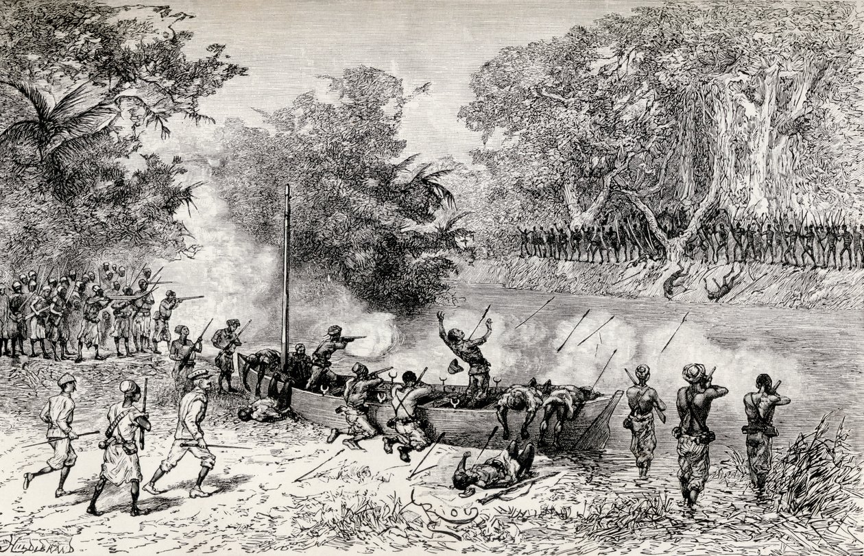 Expedição de Socorro de Emin Pasha, de Sir Henry Morton Stanley, sendo atacada por canibais de Avisibba usando flechas envenenadas, 1890 (gravura em madeira) de Edouard Riou